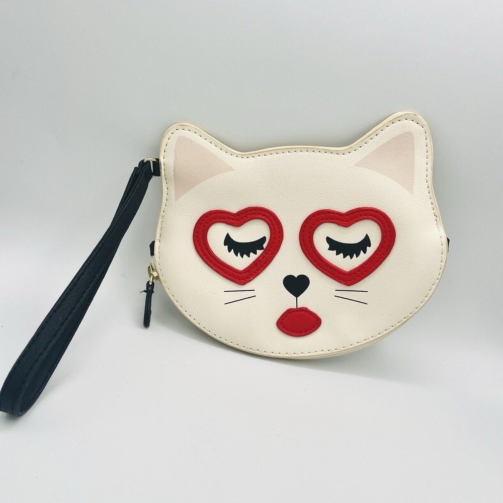 Luv Betsey Johnson‎ Cat Face Cream Wristlet Pouch Coin Purse Red Hearts Lips